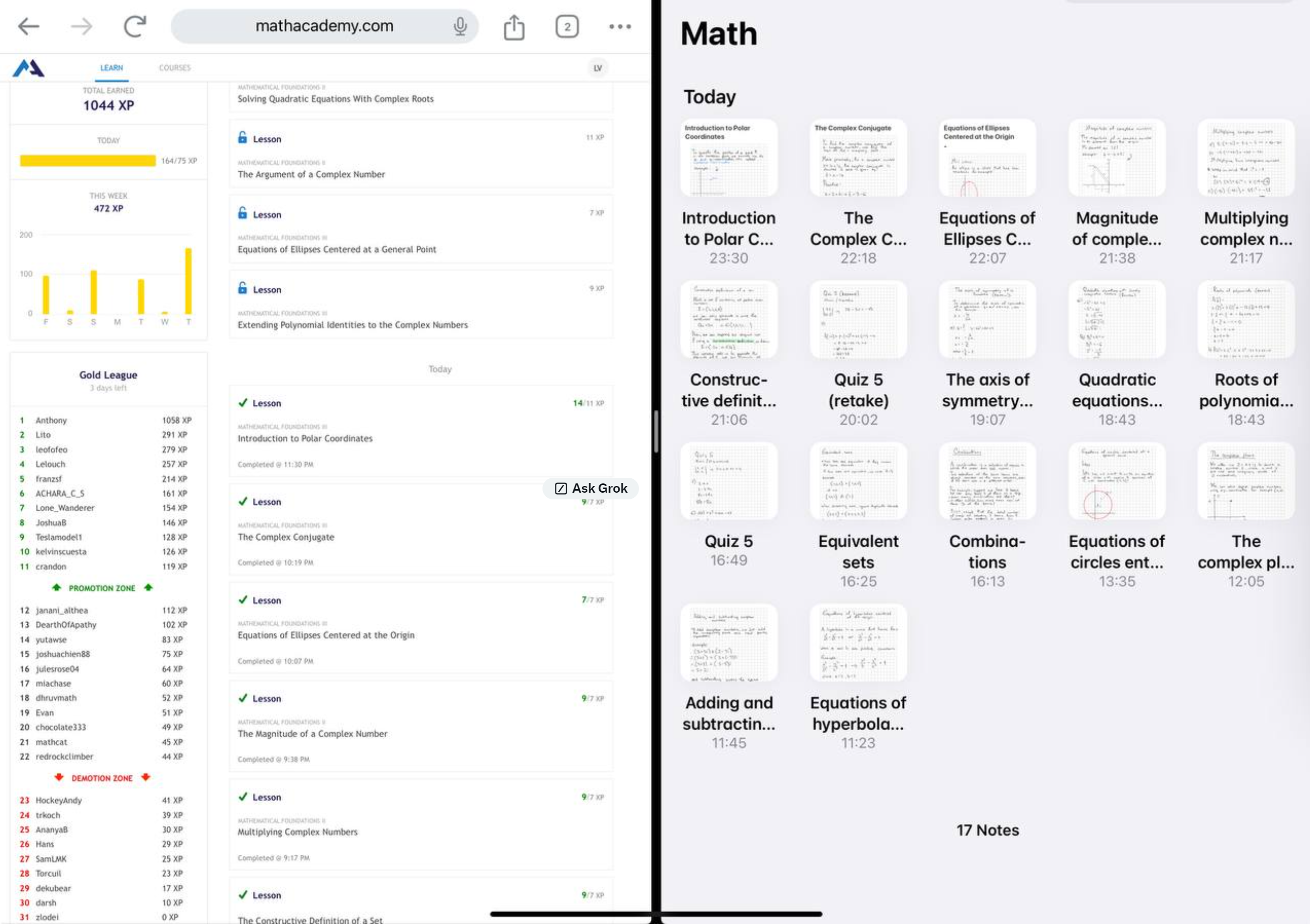 screenshoot of my math notes and math academy dashboard besides it